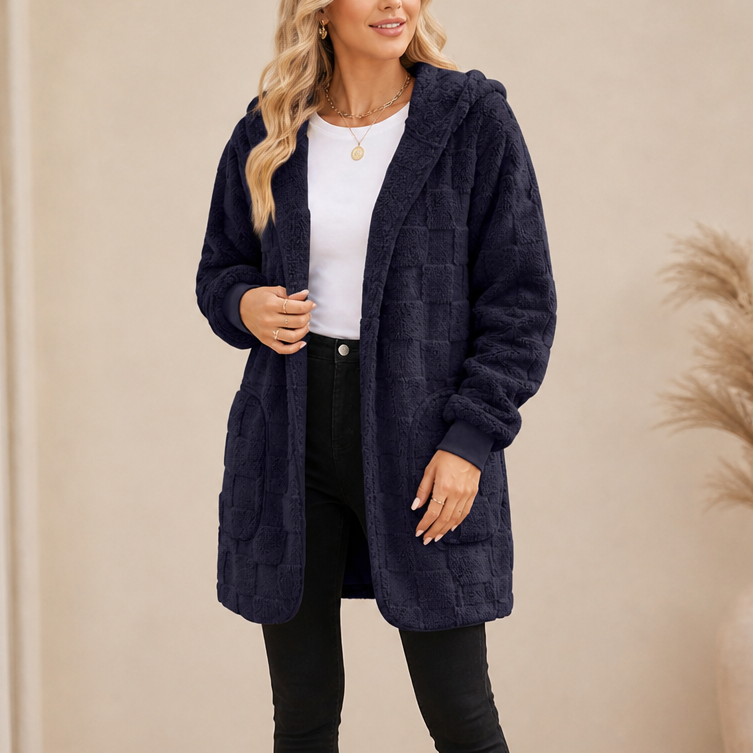 Checkora Fluffy Checked Open-Front Cardigan - Elena Harper