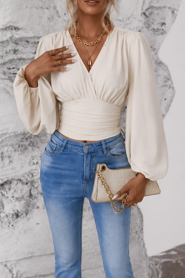 Cinchelle Ruched Waist Puff Sleeve Chiffon Look Blouse - Elena Harper
