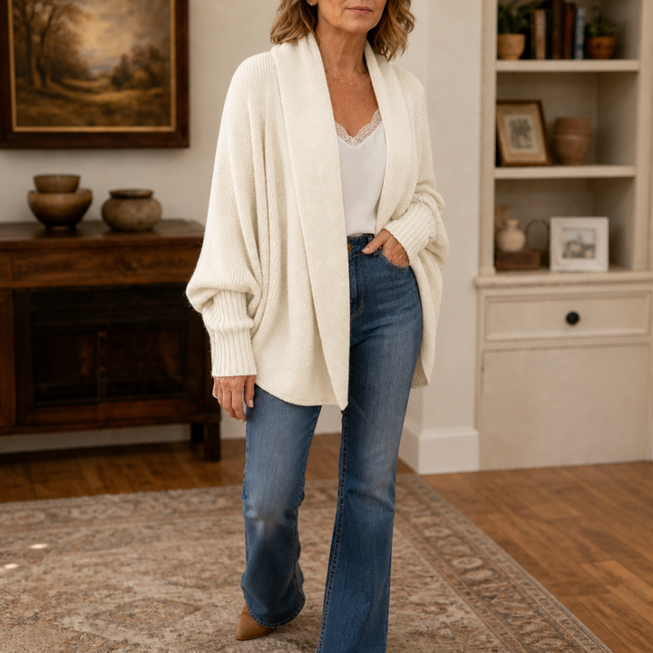 Drapeelle – Crochet-Look Open-Front Batwing Cardigan