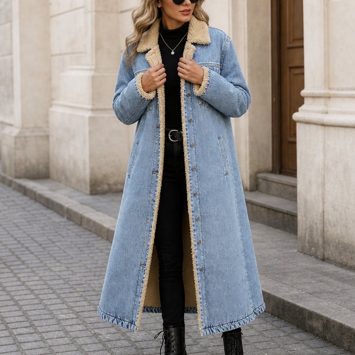 Denora Sherpa-Lined Full-Length Denim Coat - Elena Harper