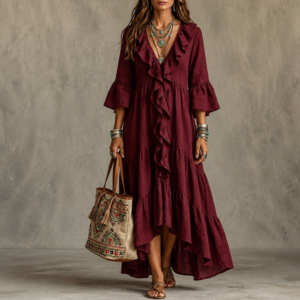Cascada High-Low Ruffle V-Neck Bell Sleeve Dress - Elena Harper