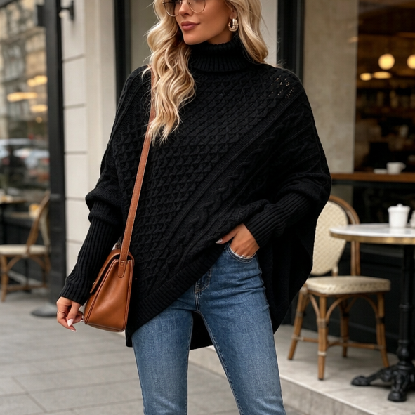 Cabelune Cable-Knit Asymmetric Poncho Sweater - Elena Harper