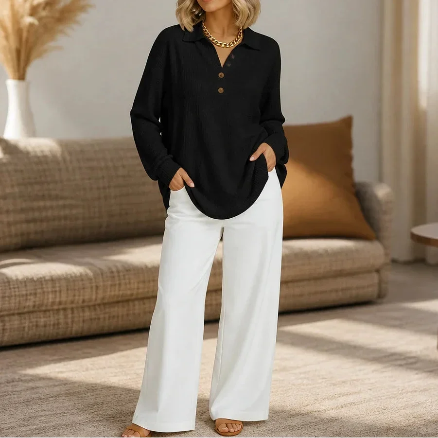 Autumnelle Waffle-Textured Long-Sleeve V-Neck Blouse - Elena Harper