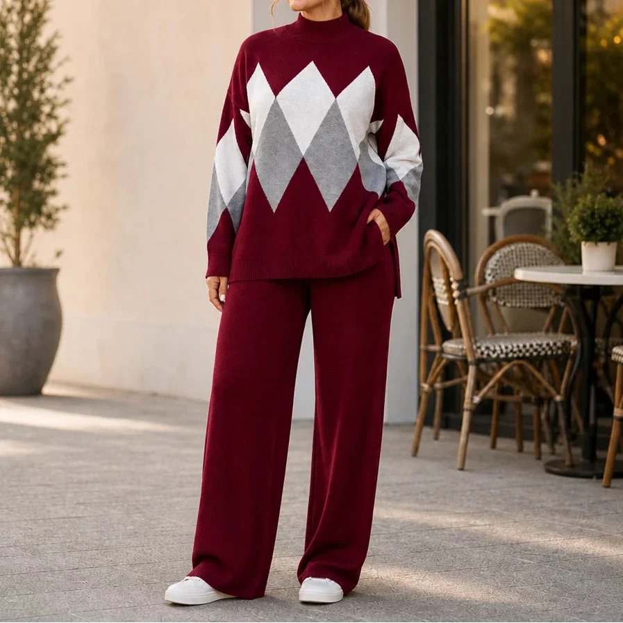 Argyle Ease Argyle Knit Sweater And Wide-Leg Trouser Set - Elena Harper