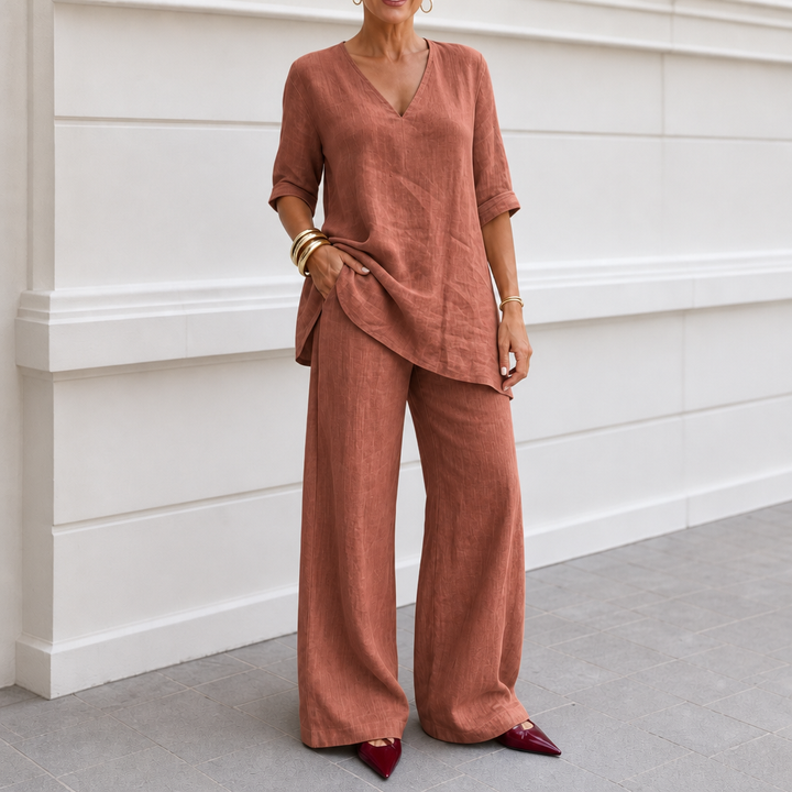 Draperly V-Neck Linen-Look Two-Piece Set - Elena Harper