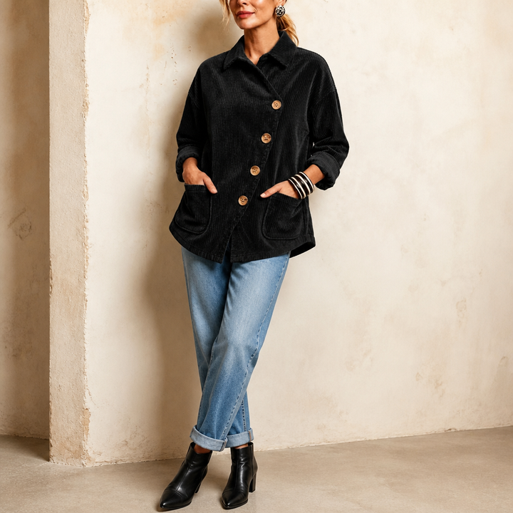 Corfield Diagonal Button Ribbed Corduroy Shacket - Elena Harper