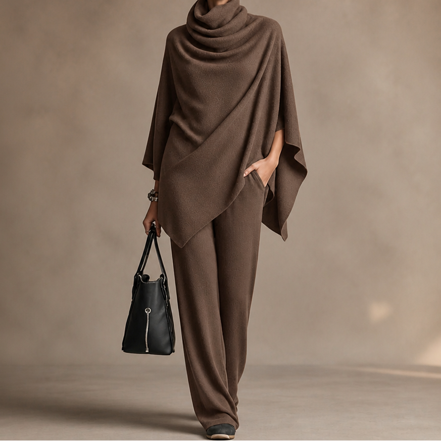 Draveil Cowl-Neck Cape Top And Wide-Leg Pants Set - Elena Harper