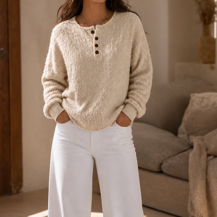 Autumbre Chunky Knit Button Henley Sweater - Elena Harper