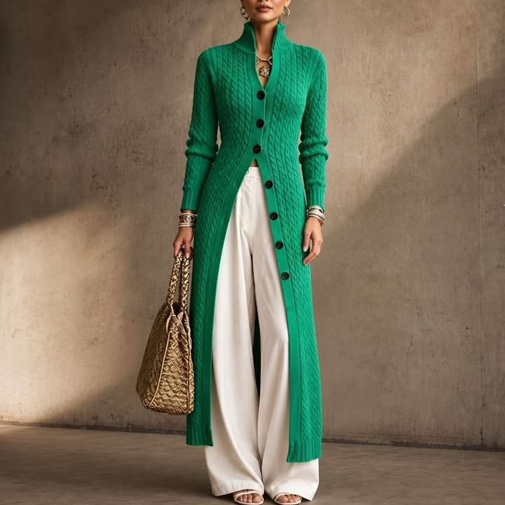 Cablemere High Collar Cable-Knit Duster Cardigan - Elena Harper