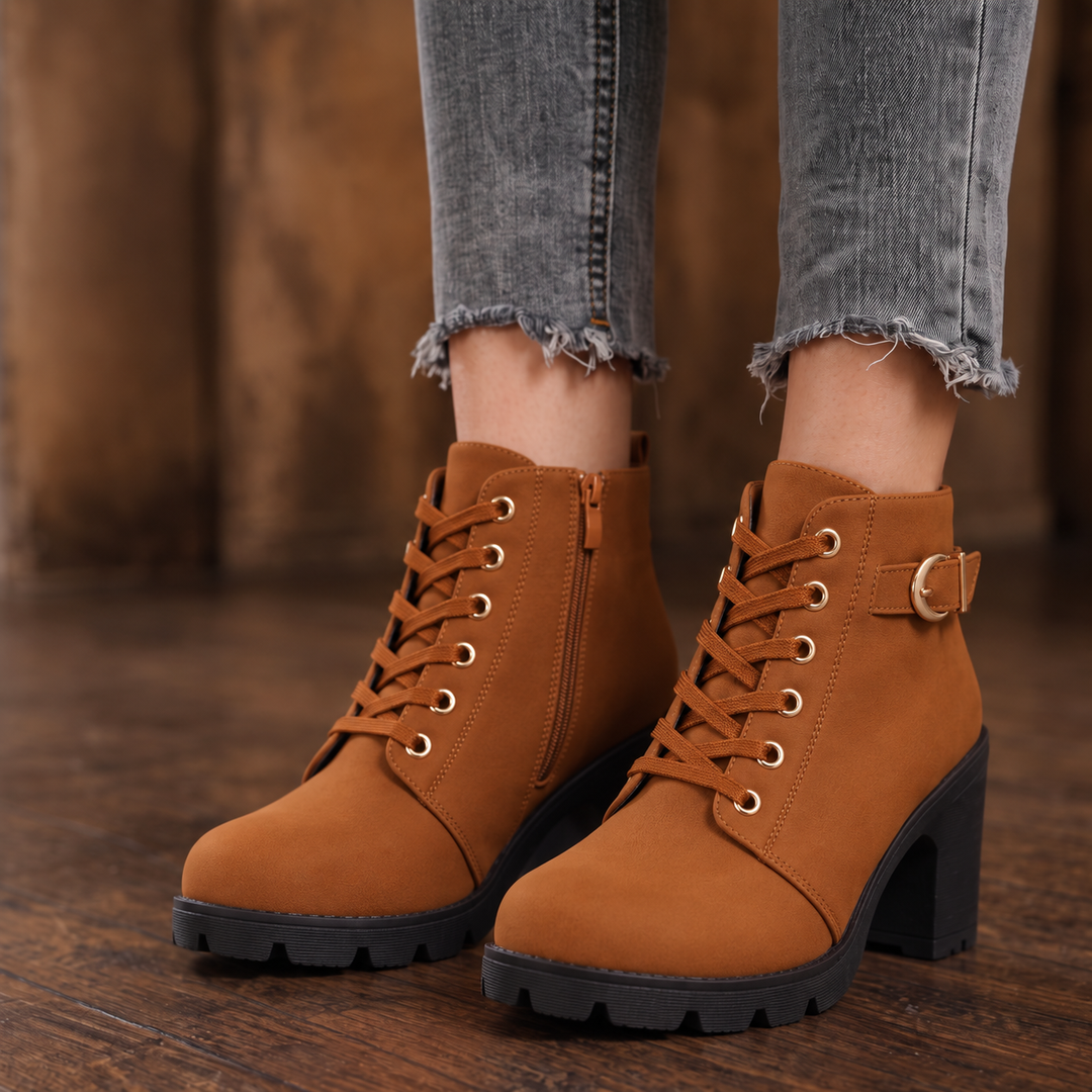 Buckle & Bold Buckle Lace-Up Chunky Heel Ankle Boots - Elena Harper