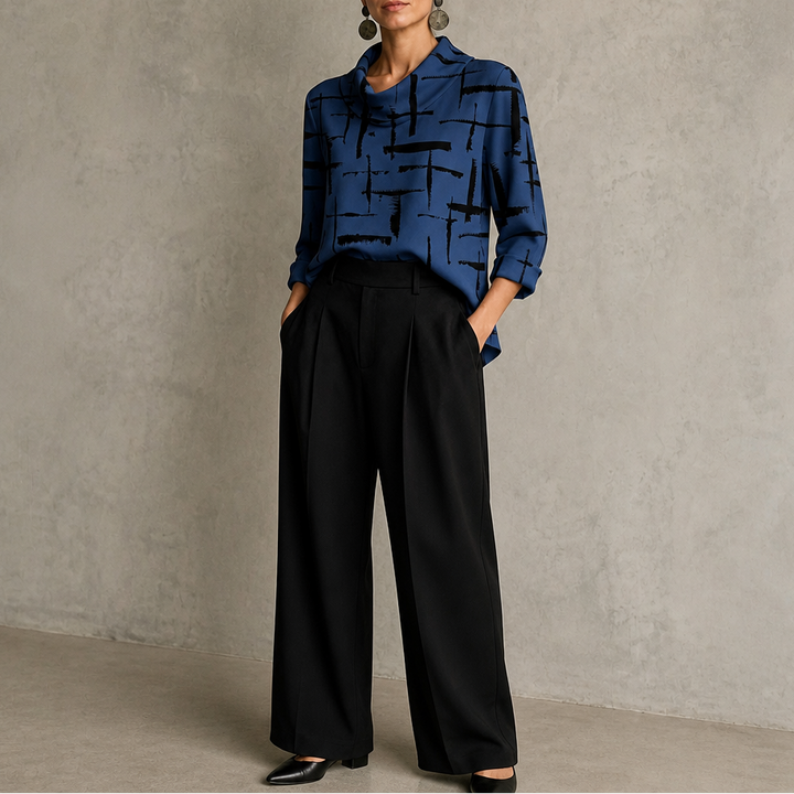 Cowlina Cross-Print Cowl-Neck 3/4-Sleeve Blouse - Elena Harper