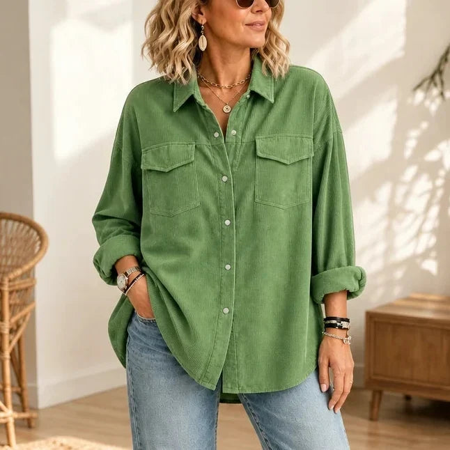 Cordelia Fine-Ribbed Corduroy-Look Button-Front Shirt - Elena Harper