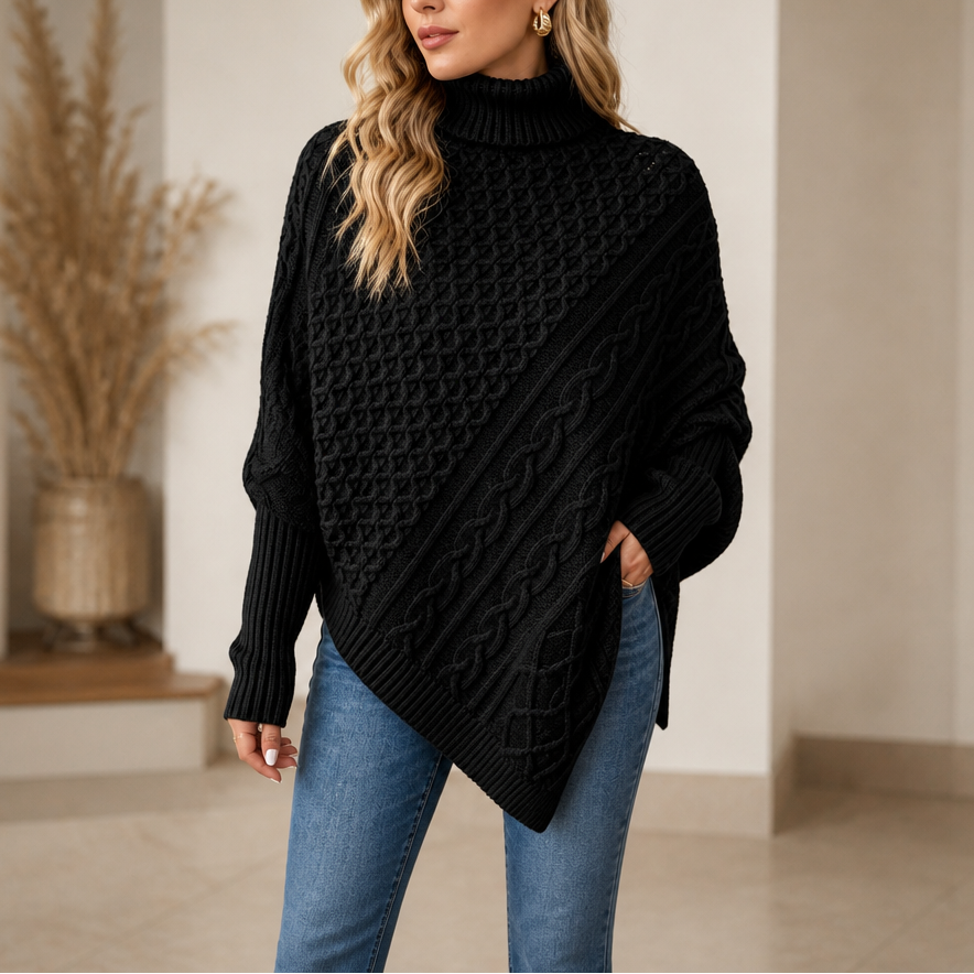 Cable & Cove Cable-Knit Turtleneck Poncho Sweater - Elena Harper