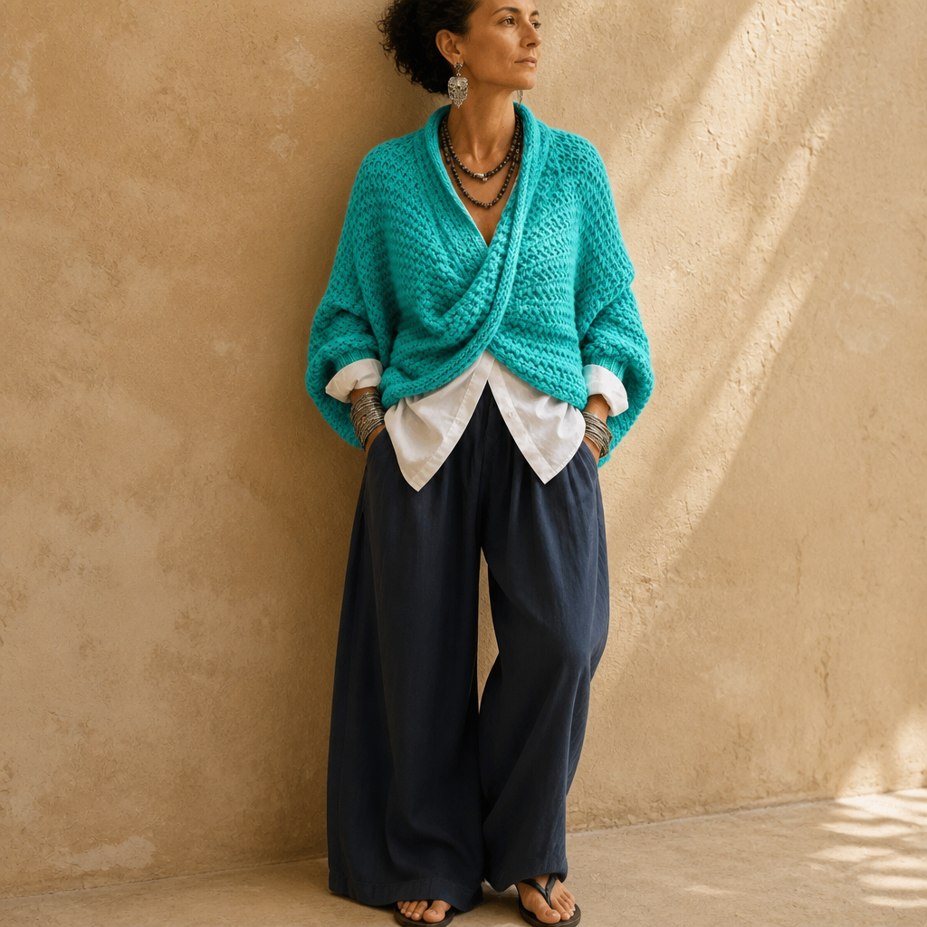 Crossovera Chunky Knit Crossover V-Neck Sweater - Elena Harper