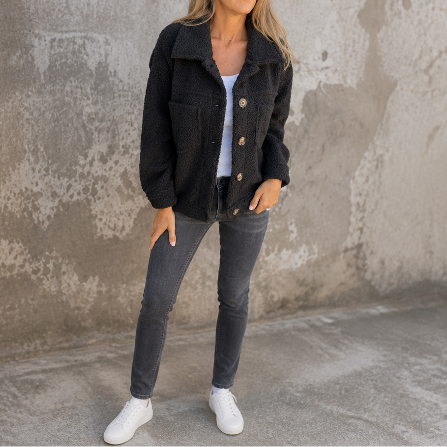 Ariane Curly Faux-Fur Button-Front Jacket - Elena Harper