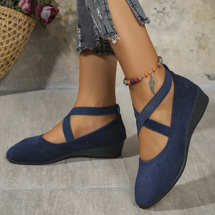 Elara Wedge Crisscross Elastic Strap Wedge Flats - Elena Harper