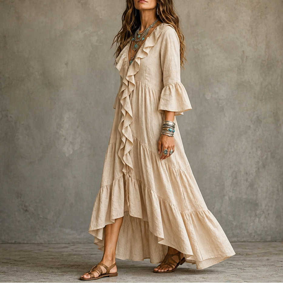 Cascada High-Low Ruffle V-Neck Bell Sleeve Dress - Elena Harper