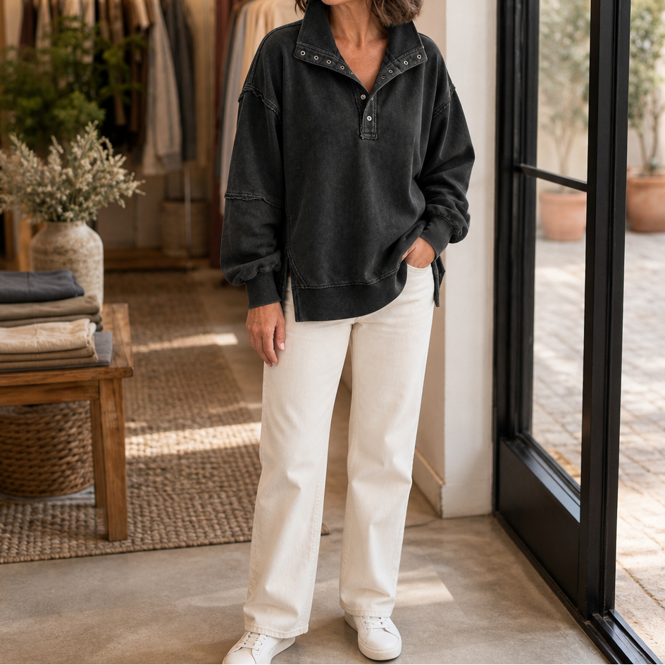 Draperie Raw-Edge Split-Cuff Snap Placket Henley - Elena Harper