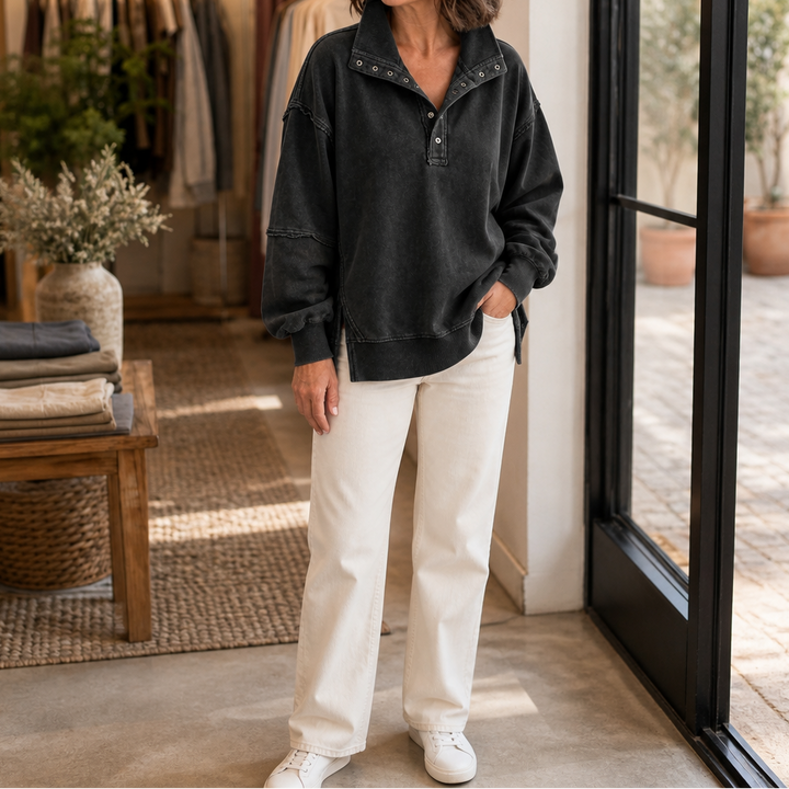 Draperie Raw-Edge Split-Cuff Snap Placket Henley - Elena Harper