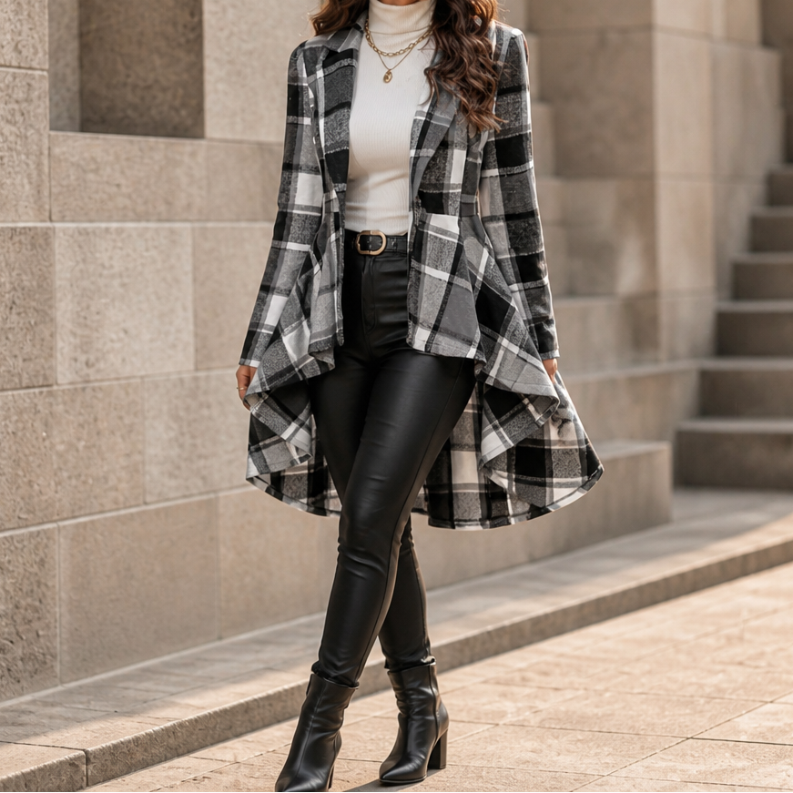 Cinchella Plaid High-Low Peplum Waist Coat - Elena Harper