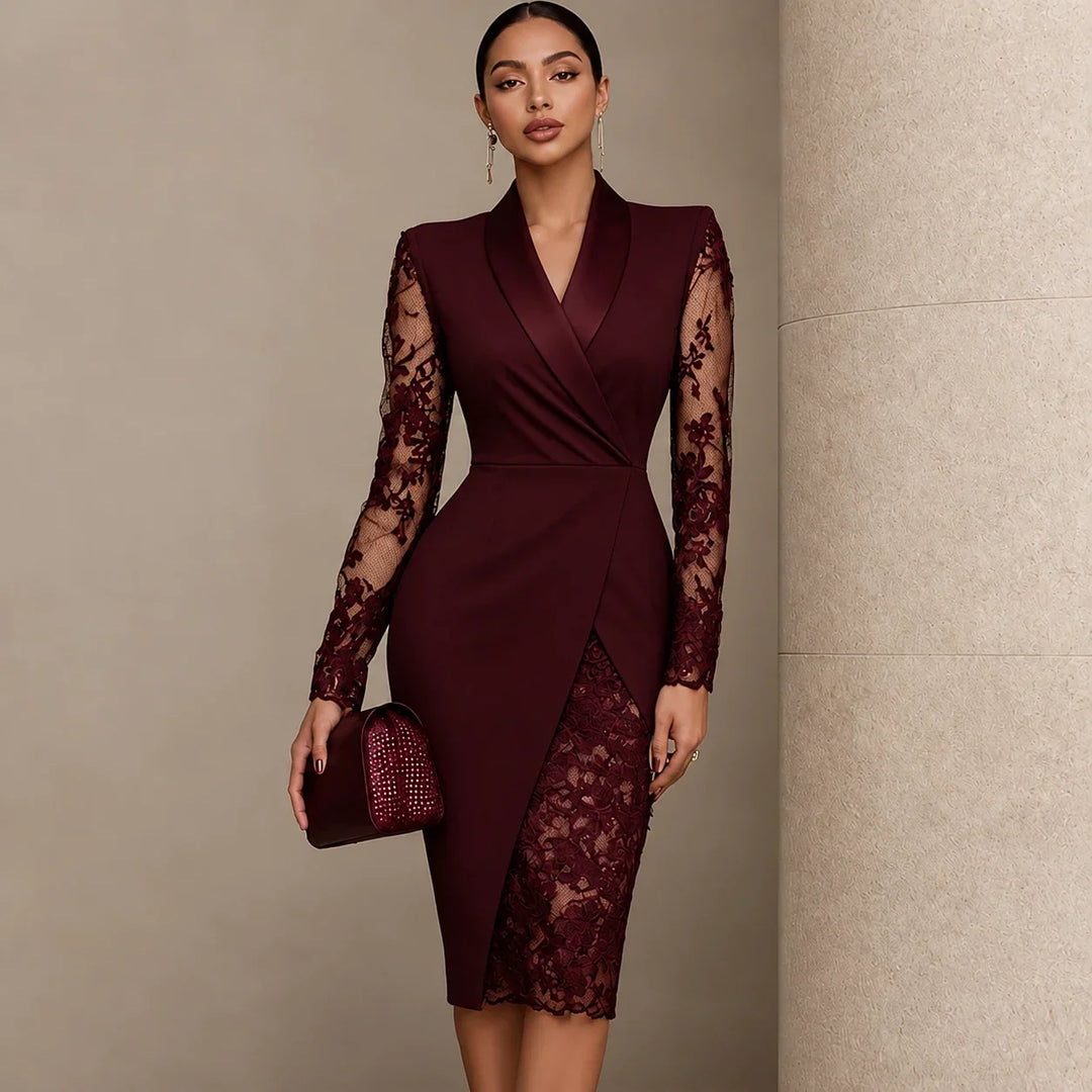 Belleform Lace-Sleeve Blazer-Wrap Asymmetric Hem Dress - Elena Harper