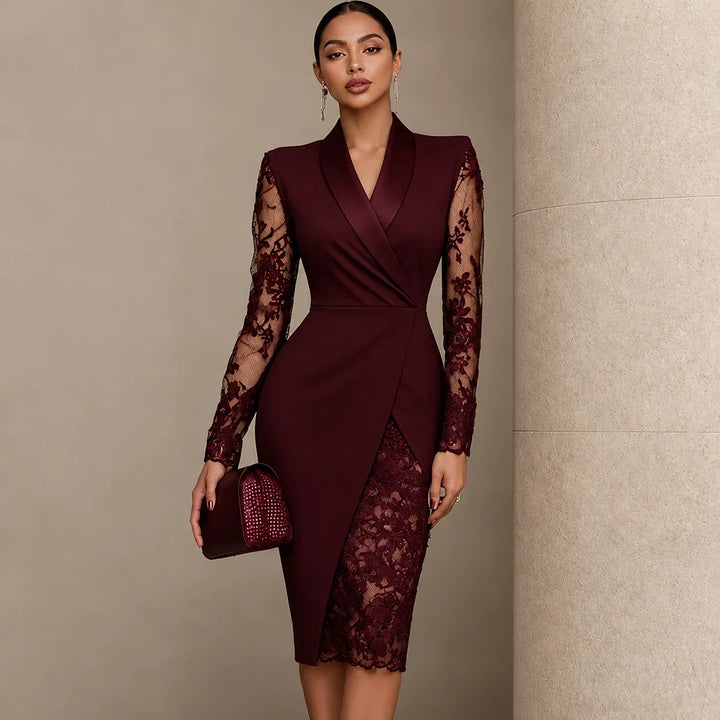 Belleform Lace-Sleeve Blazer-Wrap Asymmetric Hem Dress - Elena Harper