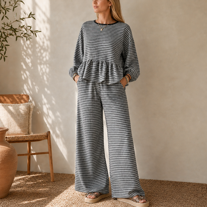 Elara Gingham Peplum Top And Wide-Leg Pants Set - Elena Harper