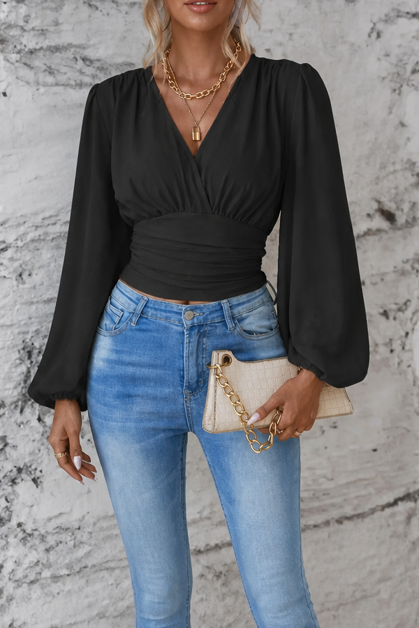 Cinchelle Ruched Waist Puff Sleeve Chiffon Look Blouse - Elena Harper