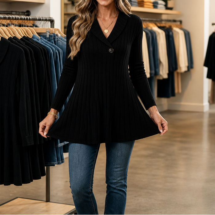 Curvella Ribbed V-Neck Slim Fit Knit Top - Elena Harper