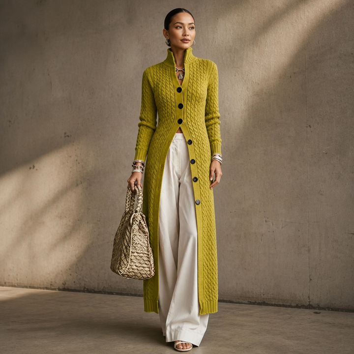 Cablemere High Collar Cable-Knit Duster Cardigan - Elena Harper