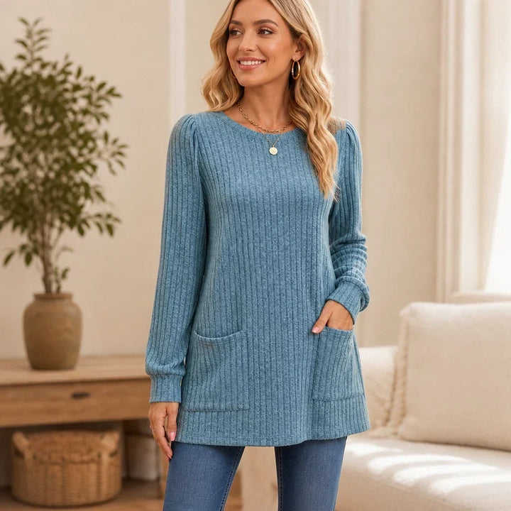Cozy Rib Ribbed Knit Tunic With Pockets - Elena Harper