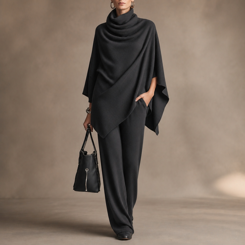 Draveil Cowl-Neck Cape Top And Wide-Leg Pants Set - Elena Harper