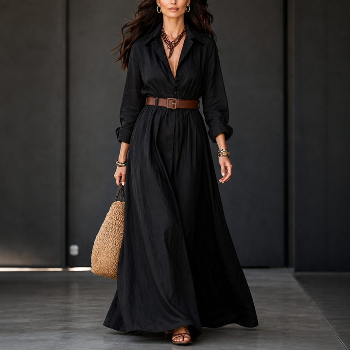 Beltelle – Long-Sleeve Belted Maxi Shirt Dress