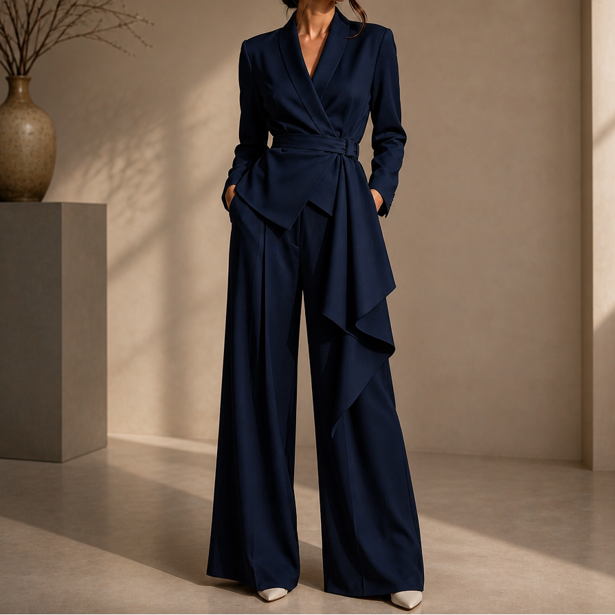 Drapevera Buckle-Belted Wrap Blazer And Wide-Leg Trouser Set - Elena Harper