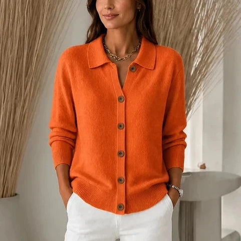 Collara – Turn-Down Collar Contrast-Button Knit Cardigan