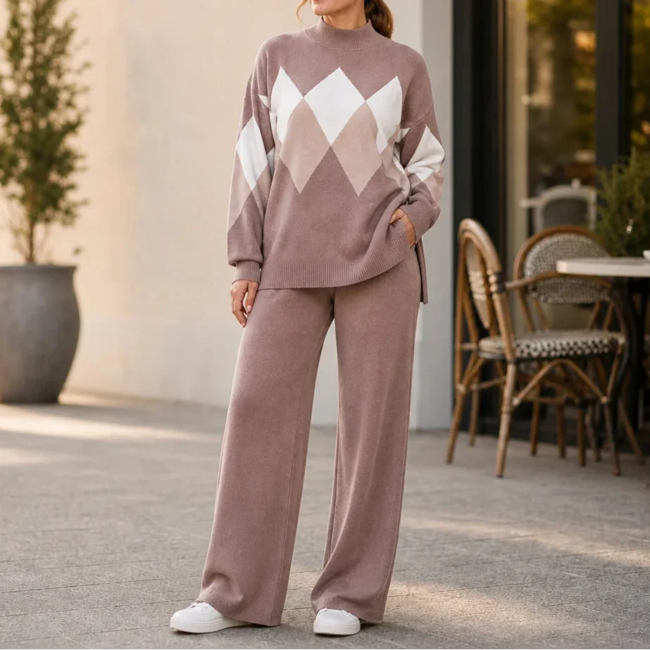 Argyle Ease Argyle Knit Sweater And Wide-Leg Trouser Set - Elena Harper