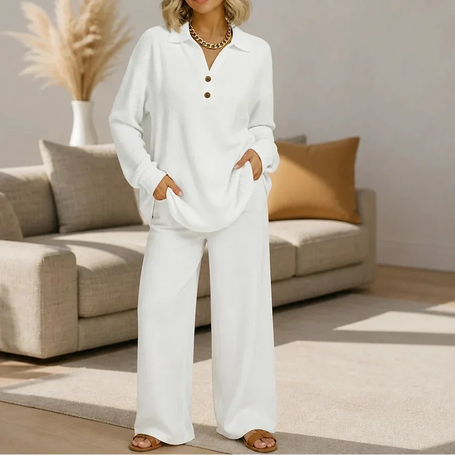 Autumnelle Waffle-Textured Long-Sleeve V-Neck Blouse - Elena Harper