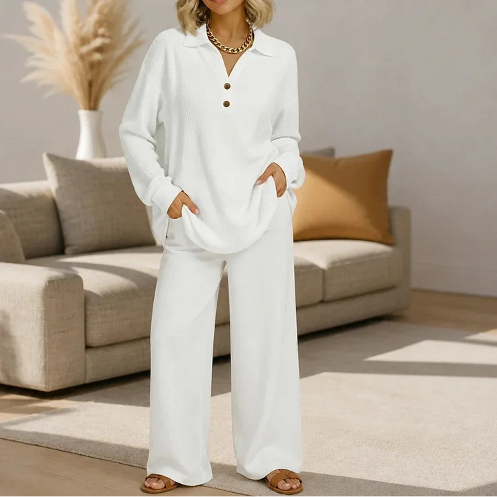 Autumnelle Waffle-Textured Long-Sleeve V-Neck Blouse - Elena Harper