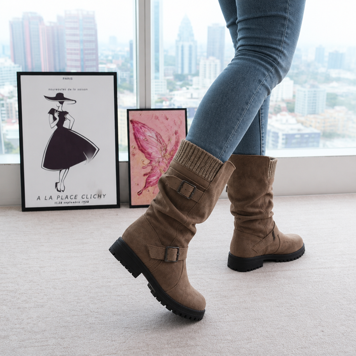 Calfden Ribbed Cuff Lug Sole Slouch Boots - Elena Harper