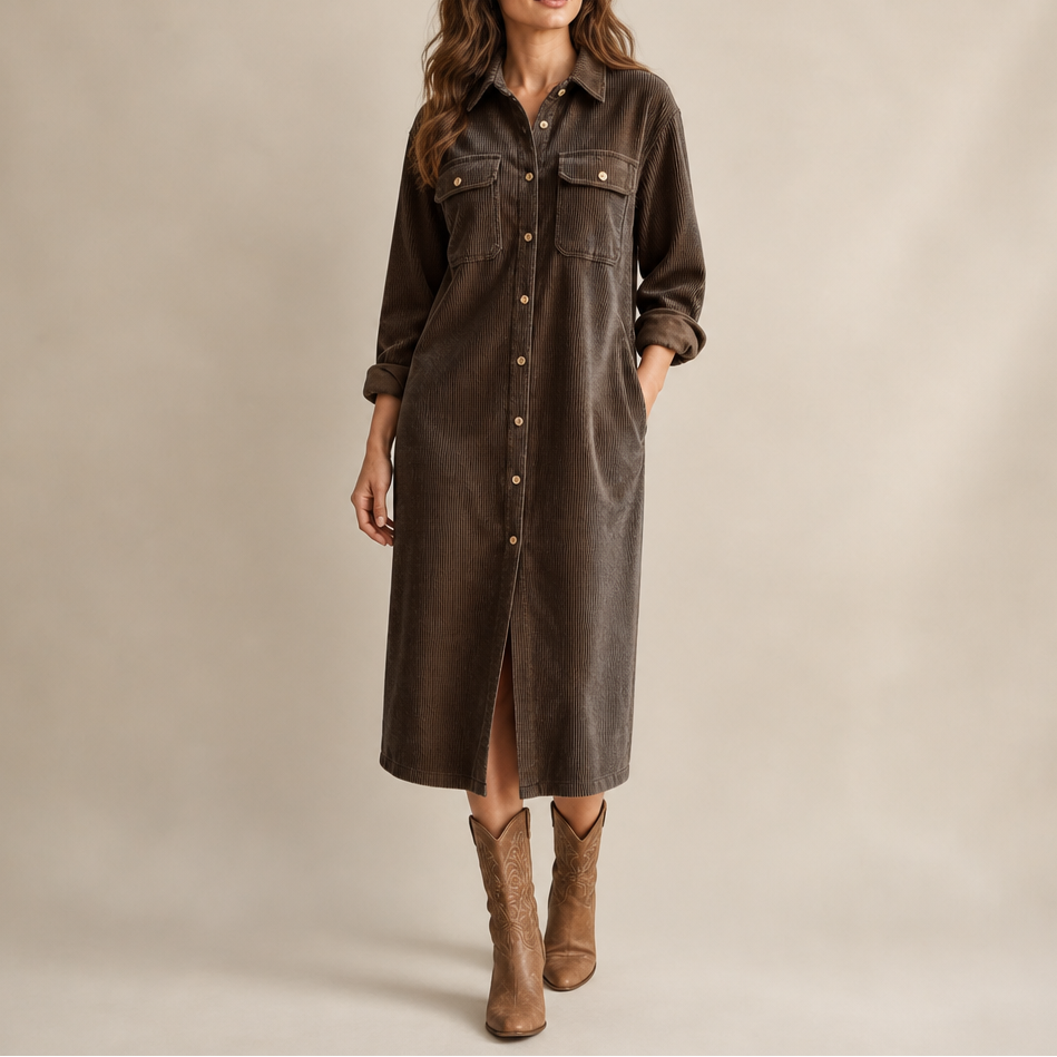Corvella Ribbed Corduroy Button-Front Shirt Dress - Elena Harper