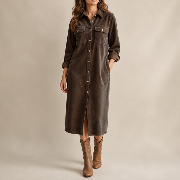 Corvella Ribbed Corduroy Button-Front Shirt Dress - Elena Harper