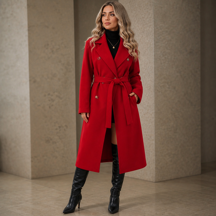 Belted Belle Double-Breasted Belted Long Coat - Elena Harper