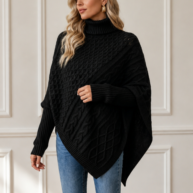 Cablelle Asymmetric Cable-Knit Turtleneck Poncho - Elena Harper