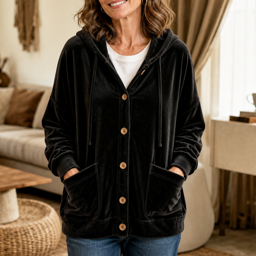 Coziva Hooded Button-Front Velour Cardigan - Elena Harper