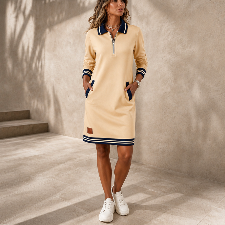 Dorellia Contrast-Stripe Half-Zip Polo Dress - Elena Harper