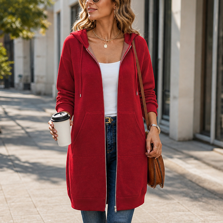 Coziluxe Zip-Front Hooded Mid-Length Knit Cardigan - Elena Harper