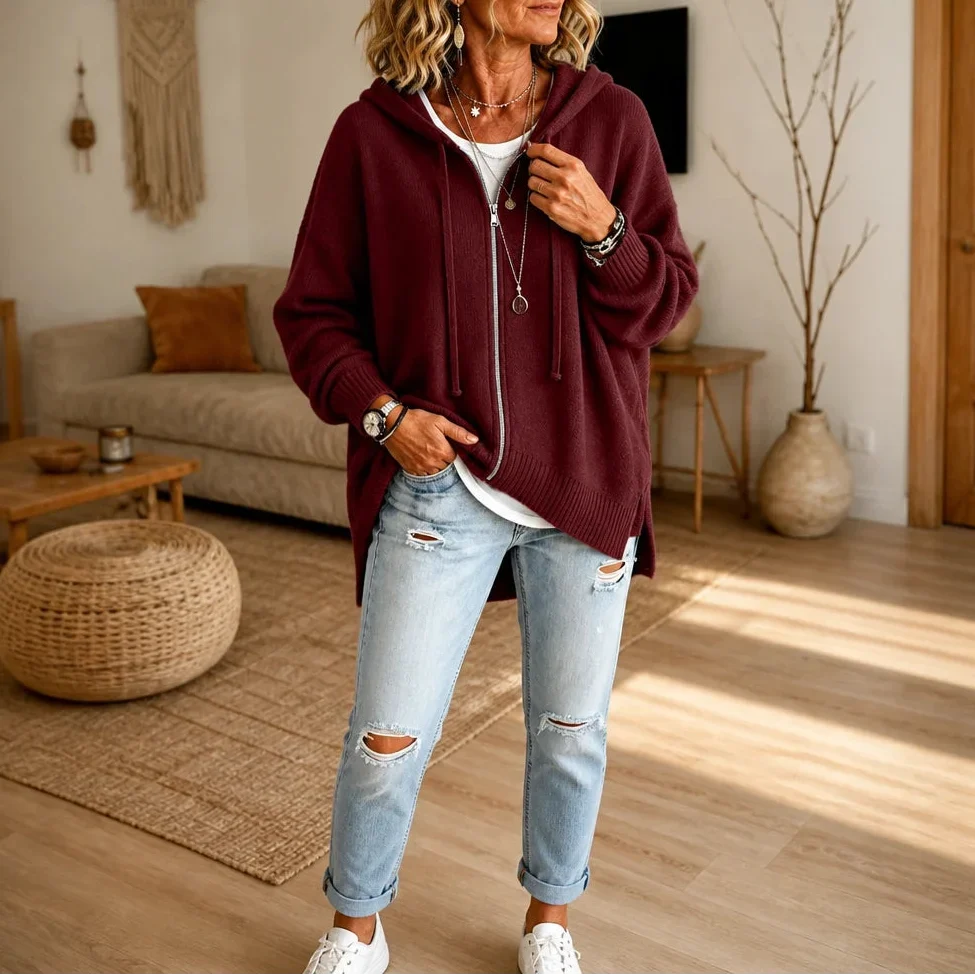 Cozyline Zip-Front Hooded Knit Cardigan - Elena Harper
