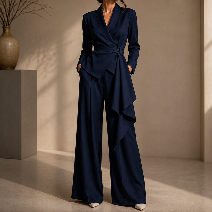 Drapevera Buckle-Belted Wrap Blazer And Wide-Leg Trouser Set - Elena Harper