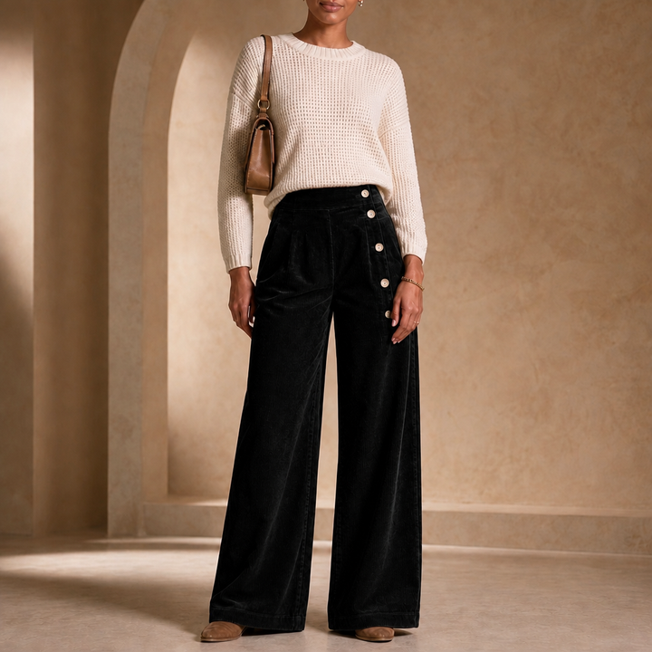 Cordelle Asymmetrical Button-Front Pleated Wide-Leg Pants - Elena Harper