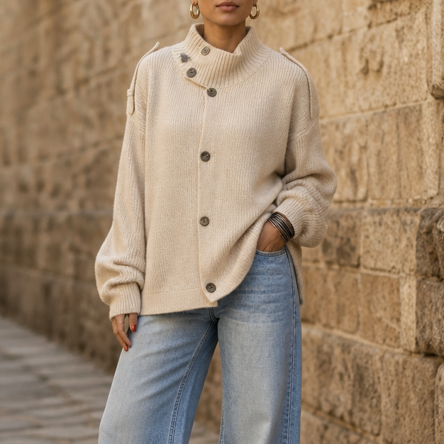 Diavelle Diagonal Button High-Collar Knit Cardigan - Elena Harper